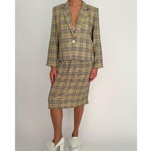 90s vintage yellow tartan plaid Clueless blazer pencil skirt matching suit set